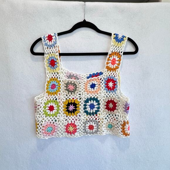 Crochet Knit Granny Square Tank Top Boho Festival Grandmacore Cottagecore s/m - Picture 6 of 8